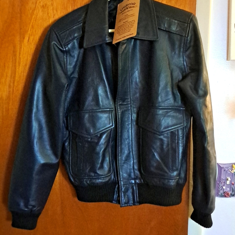 Leather Bomber Jacket, Dark Navy